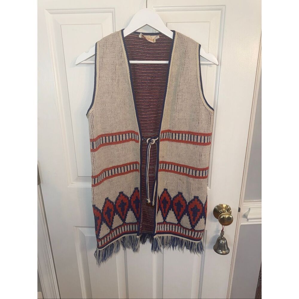 Vintage Sabra Cream Knit Fringe Festival Boho Tie Front Vest sz L